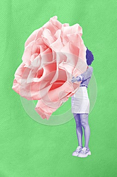 Vertical collage image of mini girl arms hold huge rose flower isolated on creative green background