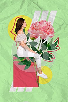 Vertical collage image of mini pretty girl huge fresh flower isolated on creative green background