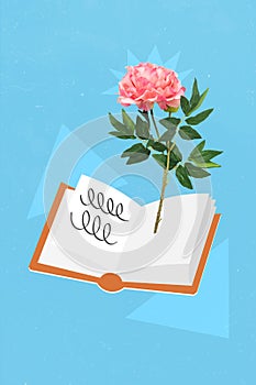 Vertical collage image of opened novel story book fresh flower isolated on painted blue background