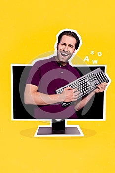 Vertical collage image of overjoyed funky guy inside pc monitor arms hold keyboard press buttons keys play guitar