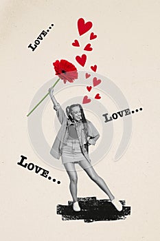 Vertical collage image of positive black white effect girl arm hold big flower dancing love painter hearts isolated on