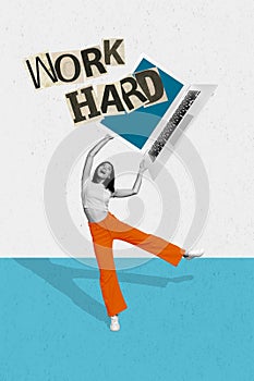 Vertical collage image of positive black white effect mini girl arms hold netbook work hard isolated on painted