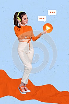 Vertical collage image of positive cheerful girl hand touch wireless headphones finger press start button isolated on