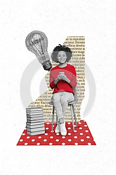 Vertical collage image of smart positive girl black white effect sit chair hold telephone big light bulb piece book page