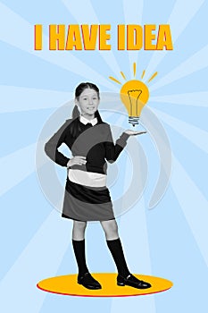 Vertical collage image of smart smiling girl black white gamma arm hold painted light bulb i have idea text isolated on