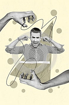 Vertical collage image of stressed mini black white effect guy fingers close ears tied huge arm fingers isolated on