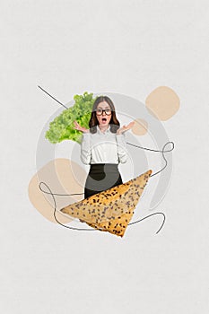 Vertical collage image of surprised amazed girl eating baked tasty snack bun organic food isolated on drawing background