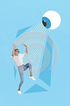 Vertical collage image of terrified person protect huge watching spying eye isolated on painted background