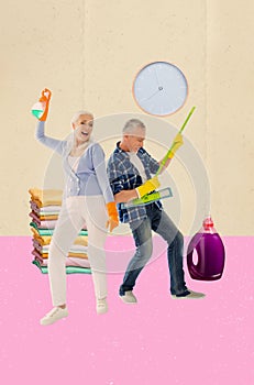 Vertical collage image of two aged crazy people enjoy cleaning dance hold detergent spray play mop instead guitar