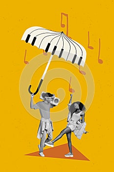 Vertical collage image of two black white effect positive people hold big piano umbrella listen music dancing isolated