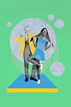 Vertical collage image of two carefree black white effect people enjoy dancing partying isolated on painted green