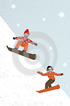 Vertical collage image of two funky black white effect people ride snowboard down hill snowy mountains isolated on