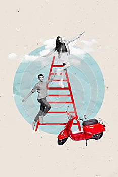 Vertical collage image of two mini black white effect people climb ladder clouds sky retro scooter isolated on creative