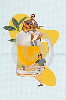 Vertical collage image of two mini overjoyed carefree guys sit huge beer pint play guitar isolated on creative