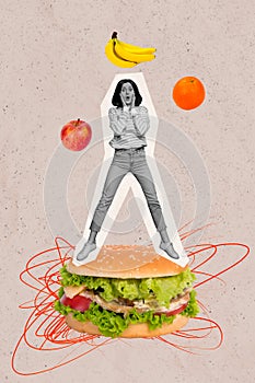 Vertical collage image young amazed speechless girl stupor impressed burger fastfood unhealthy meal fruits vitamins