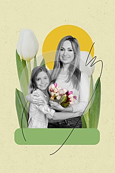 Vertical collage image young cheerful woman mother little daughter maternity relationship blossom flowers bouquet