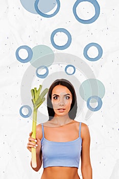 Vertical collage image young girl hold onion vegetable ingredient fit shaping figure bodycare healthy weightloss drawing