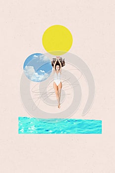 Vertical collage image young sexy attractive beautiful woman bikini swimwear jump ocean seaside vacation resort