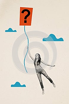 Vertical collage of impressed black white colors girl arm hold string flying question mark balloon clouds sky isolated