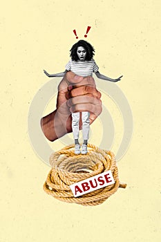 Vertical collage man arm holding young stressed girl suffer discrimination stereotypes force abuse domination rope tie