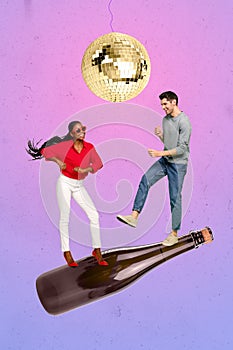 Vertical collage of nightclub dancers have fun glamour young girl drink wine alcoholic boyfriend disco ball isolated on