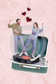 Vertical collage photo invitation retro discotheque club couple young students dancing retro vinyl gramophone record