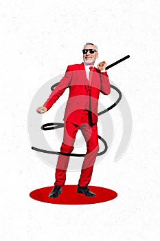 Vertical collage photo of retired successful senior businessman red suit dancing celebrating good deal isolated on white