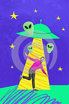 Vertical collage picture of aliens ufo spaceship abduct excited black white colors dancing guy painted night sky stars