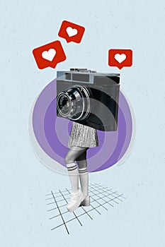 Vertical collage picture artwork of headless surrealism absurd blogging notification likes paparazzi camera isolated on