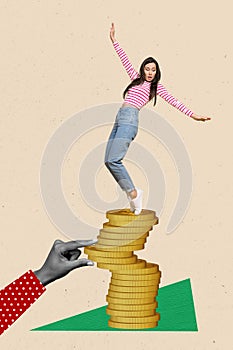 Vertical collage picture of big black white effect hand finger touch pile stack money coins mini girl balancing stand