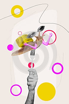 Vertical collage picture of black white colors arm hold fork meditating snail human arms eyes isolated on drawing beige