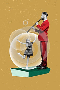 Vertical collage picture of black white colors guy play flute mini girl dancing inside soap bubble isolated on painted