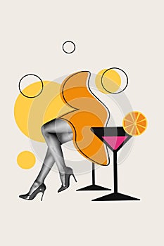 Vertical collage picture of black white colors slim women legs high heels shoes martini alcohol cocktail glass isolated