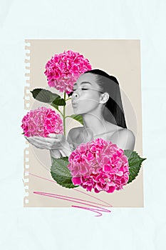 Vertical collage picture of black white effect girl closed eyes blow air hands hold fresh flower notebook paper page