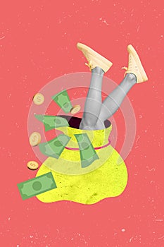 Vertical collage picture of black white effect girl legs stick big money coins bag sack isolated on creative background