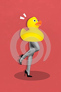 Vertical collage picture of black white gamma person sexy girl legs rubber duck body isolated on painted background
