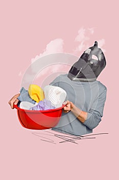 Vertical collage picture of busy guy iron instead head hands hold clothes laundry basket isolated on pink background
