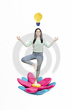 Vertical collage picture of calm mini girl standing huge lotus flower meditate light bulb above head isolated on white