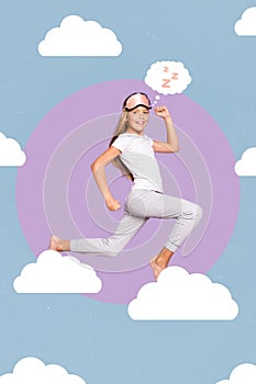 Vertical collage picture of cheerful little girl sleep walking running clouds sky isolated on drawing background