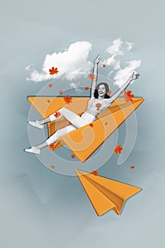 Vertical collage picture of cheerful mini black white colors girl flying big paper plane clouds sky falling maple leaves