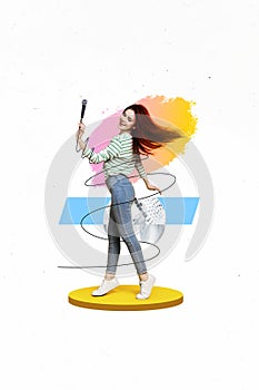 Vertical collage picture of cheerful positive girl dancing hold wire cable microphone disco ball isolated on drawing