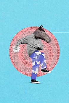 Vertical collage picture of dancing horse head guy butterfly print trousers make move isolated on blue color background