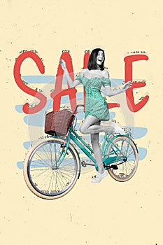 Vertical collage picture of excited astonished black white effect pretty girl bicycle sale promotion isolated on beige