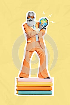 Vertical collage picture of excited funky grandfather stand huge pile stack book hands hold planet earth globe isolated