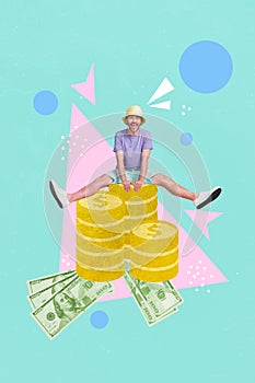 Vertical collage picture of excited overjoyed guy sitting huge pile stack money coins isolated on creative background