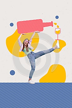 Vertical collage picture of excited positive girl hands hold huge drawing wine bottle pour glass isolated on painted