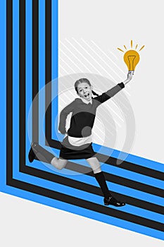 Vertical collage picture of excited smart girl black white effect hand hold painted light bulb running isolated on