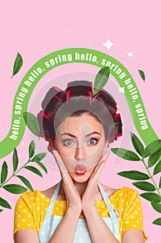 Vertical collage picture funny housewife retro style girl doing perming use curlers prepare spring shopping creative