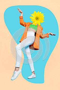 Vertical collage picture of girl dancing flower instead head isolated on painting creative background