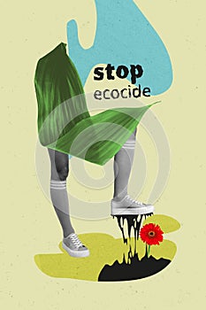 Vertical collage picture of green leaf black white colors legs shoes melt flower stop ecocide  on beige